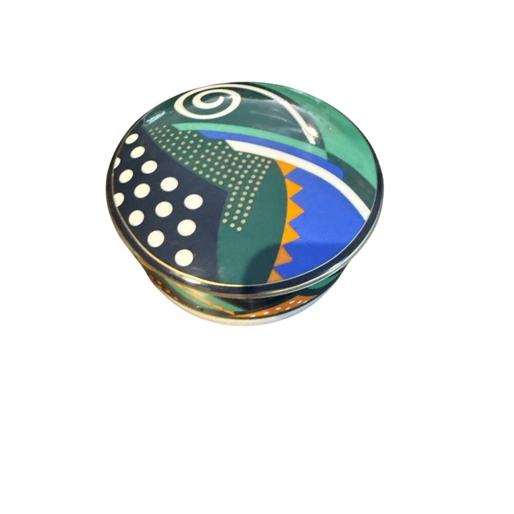 Vintage 1980s Memphis-style lidded trinket box by Mikasa, “Galaxy Green” Pattern